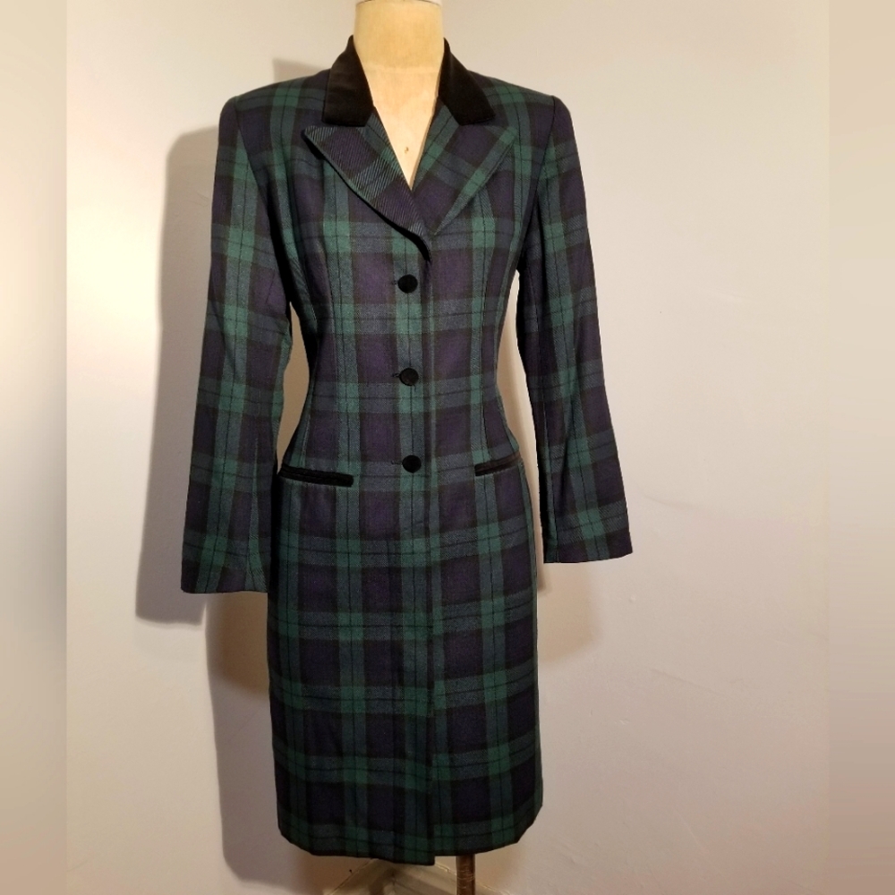 VINTAGE BLAZER DRESS J G HOOK 80S TARTAN PLAID HOLIDAY BLACK VELVET CHRISTMAS 8